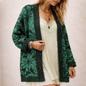 Vintage Energy Casuals Green Floral Knit Cardigan | Size L | 90s Boho